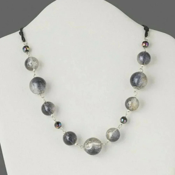 Silver Black and Iris Retro Metallic Drizzle Lucite and Glass Beads Necklace - Picture 1 of 1